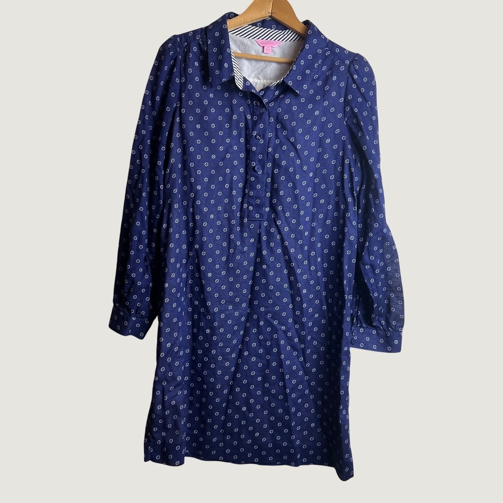 Lilly Pulitzer Navy Blue Button Print Shift Dress Long Sleeve Shirt Dress 6